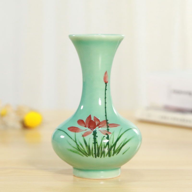 青瓷手绘陶瓷花瓶家居摆件创意复古花插桌面装饰工艺品水培干花 富贵