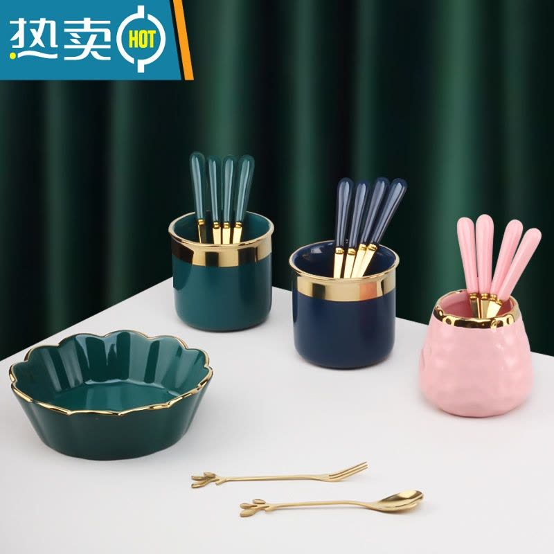 敬平水果叉子家用套装不锈钢甜品蛋糕勺儿童安全小叉子轻奢果签收纳罐 [绿金]瓷柄水果叉4支图片