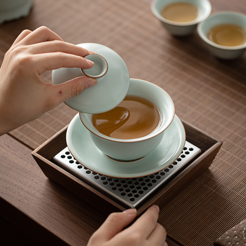 苏氏陶瓷(SUSHI CERAMICS)汝窑功夫茶具侧把泡茶壶三才盖碗茶杯茶洗六君子大套组礼盒装