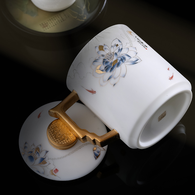 領藝 优选渡景山房羊脂玉描金茶杯德化白瓷素烧白玉瓷马克杯大容量陶瓷办公杯礼品套装 文轩杯(妙色清欢)黄金款礼盒装