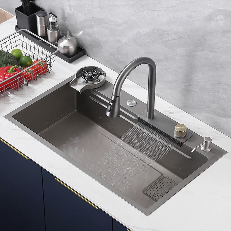 家用厨房飞雨瀑布纳米水槽北昼(bei zhou)洗菜盆洗碗池手工加厚大单槽