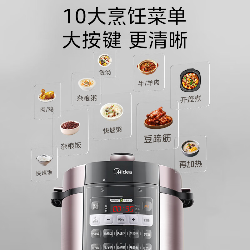 美的(Midea)电压力锅智能家用5L大容量电锅预约多功能开盖煮不粘锅高压锅煮饭煲汤双胆压力锅50X3-301高清大图