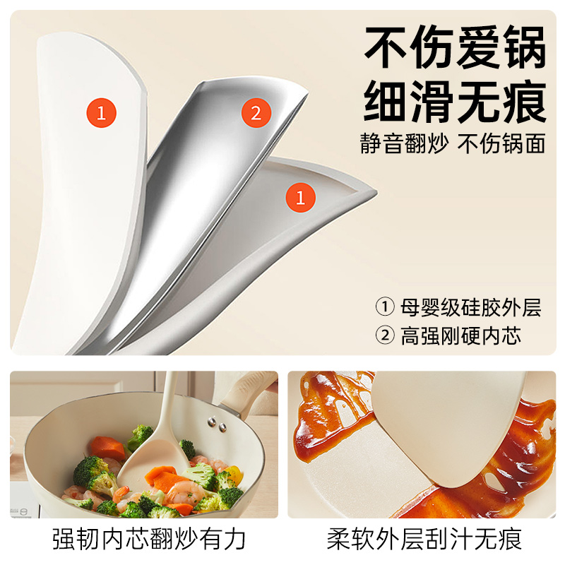 炊大皇抗菌硅胶铲勺漏套装 锅铲汤勺漏勺木柄加长柄不粘锅家用炒菜铲子臻·实木硅胶锅铲+汤勺+煎铲+漏勺高清大图