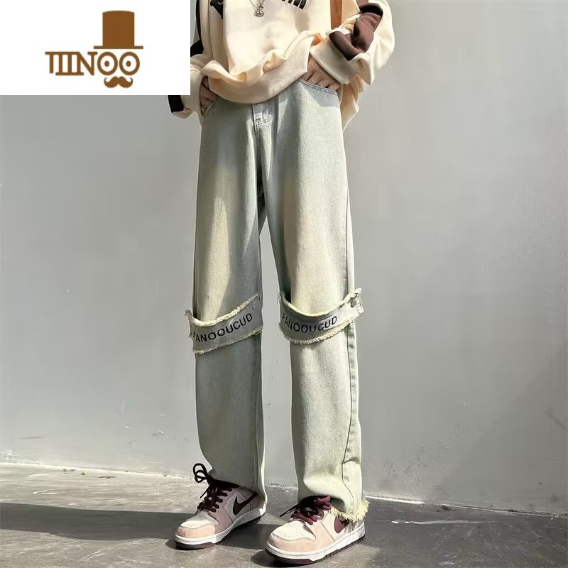 YANXU美式高街做旧牛仔裤男设计感毛边贴布直筒裤ins潮牌复古阔腿裤筒高清大图