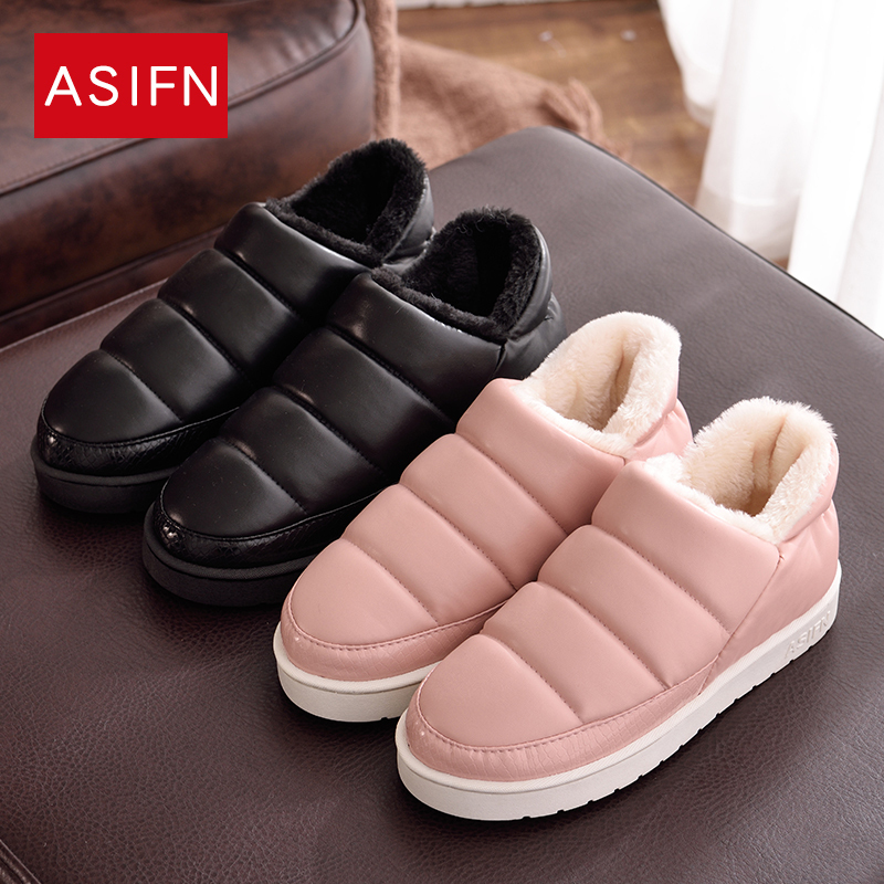 盛世尼曼冬季皮面包跟棉拖鞋女家居家用室内外情侣保暖防滑防水月子