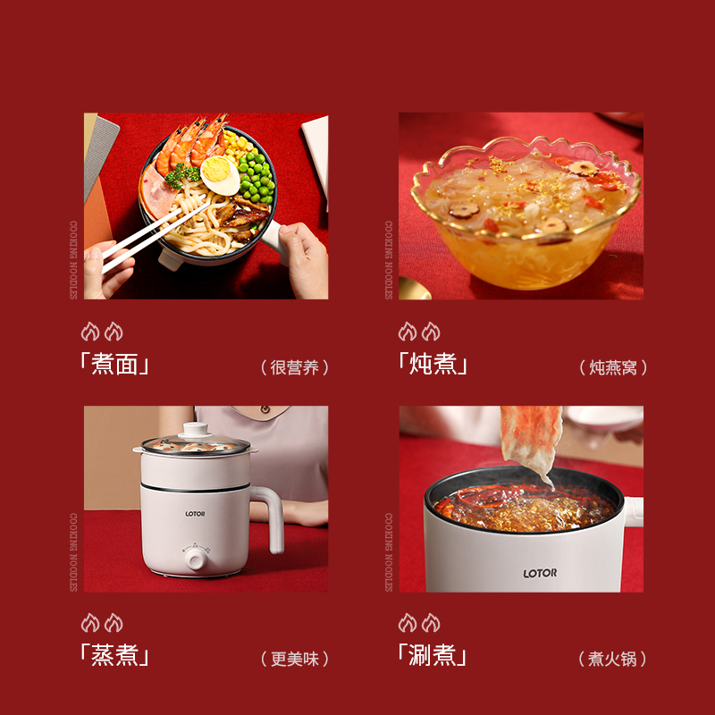 LOTOR浣熊电煮锅宿舍用小电锅迷你电炒锅多功能电热锅婴儿辅食锅煮面泡面 白色不锈钢款 1.2L