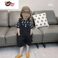 绿彩虹光女童背带裤夏季套装2022新款男宝宝儿童休闲韩版短袖两件套洋气潮
