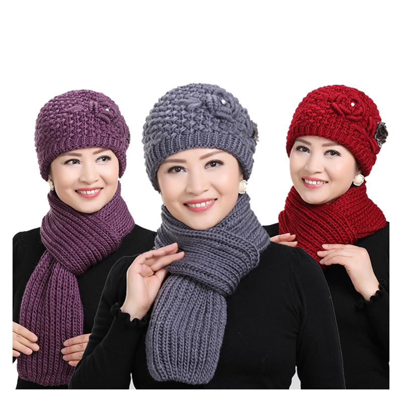 秋冬针织毛线老人帽子中老年人帽子女奶奶中年妈妈保暖帽围巾冬季