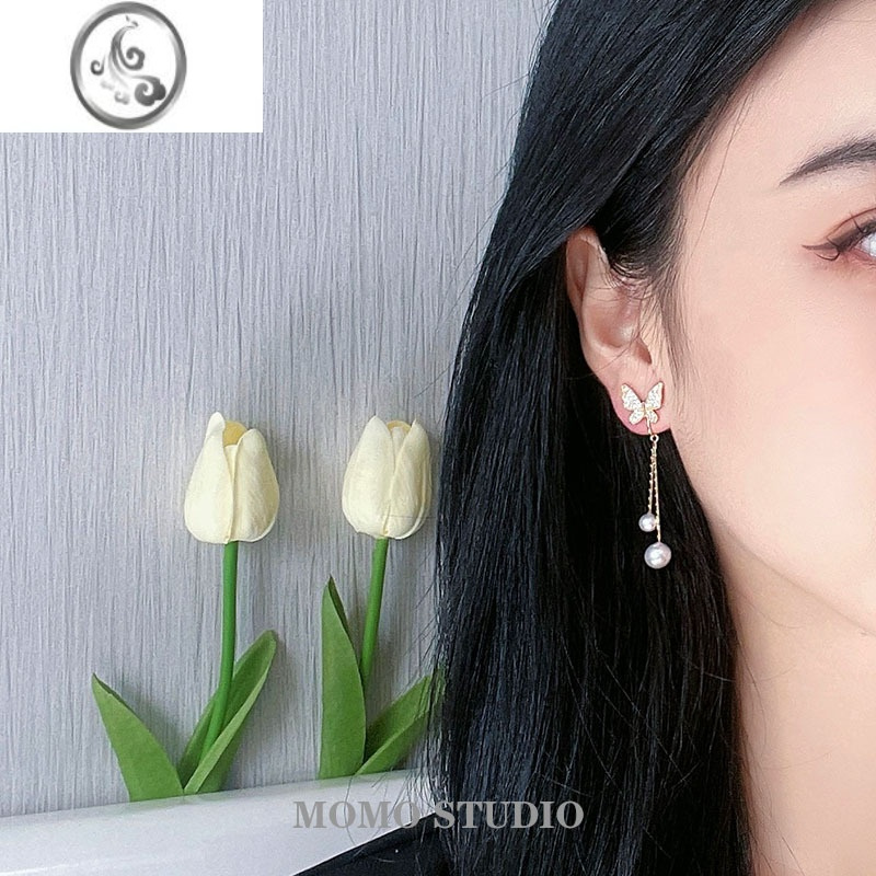 jimi无耳洞长款蝴蝶珍珠流苏耳环日韩气质百搭高级感蚊香盘耳夹显脸瘦
