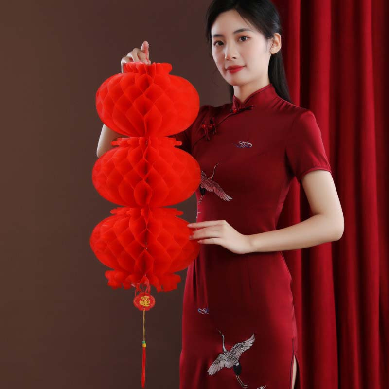纸灯笼挂饰2026喜庆装饰春节小灯笼红色树上户外蜂窝新年福字25#加厚3连串高清大图
