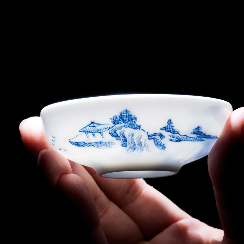 鼎亨景德镇功夫茶具手绘青花瓷山品茗杯小茶杯全手工功夫茶杯