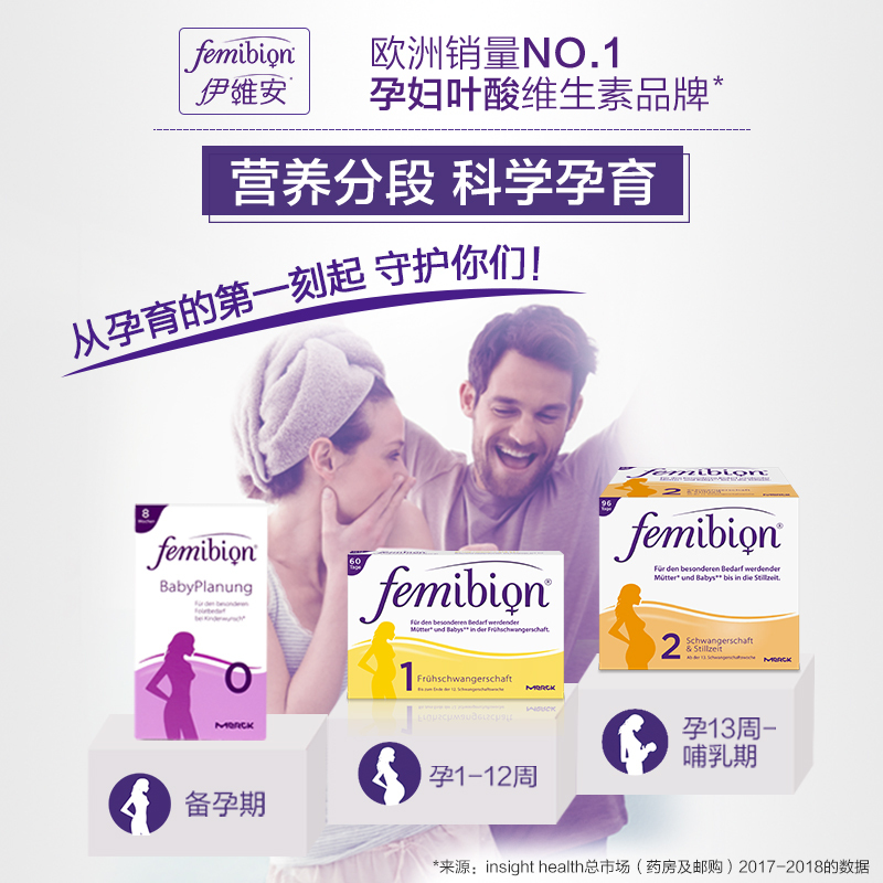 明星同款德国正品femibion/伊维安1段孕早期维生素孕妇专用叶酸60天量