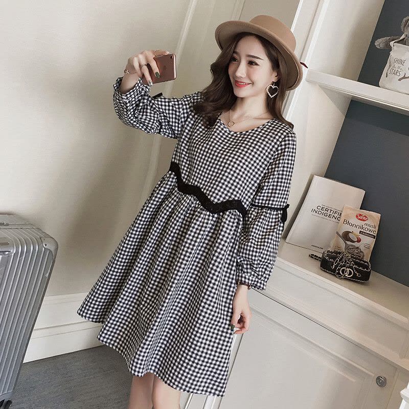 迪鲁奥（DILUAO)孕妇装春秋2021春装新款孕妇格子连衣裙韩版时尚大码宽松孕妇裙孕妇长袖上衣中长款孕妇连衣裙 图片色图片