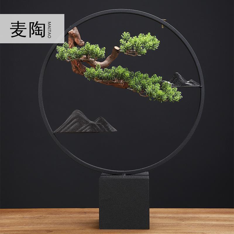 新中式家居创意客厅装饰盆景迎客松铁艺摆件禅意软装仿真枯木植物_709
