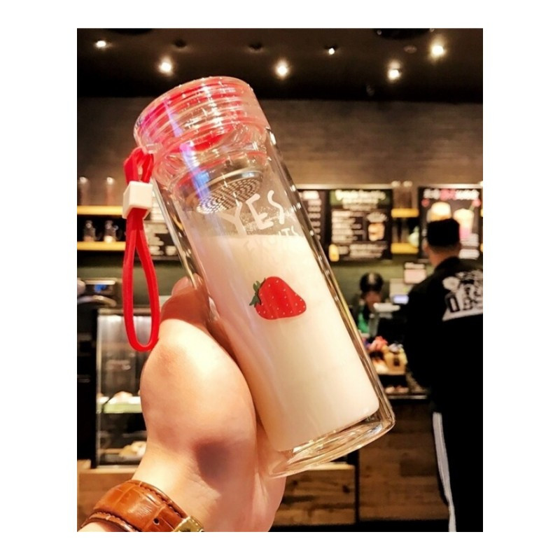 水杯玻璃杯子双层水果玻璃杯女士水杯耐热茶杯提绳韩版情侣杯子_4_1 默认尺寸 精品套装双层草莓+杯套+杯刷