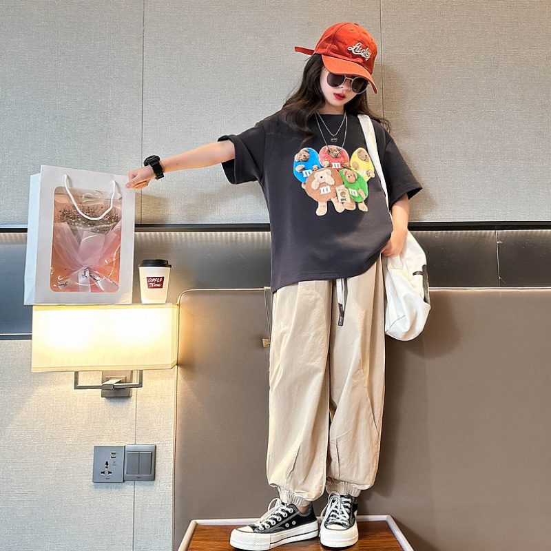 女童短袖夏装棉T恤夏季新款儿童半袖t女中大童装宽松上衣洋气潮_94 140（建议身高140CM左右） TT61深灰色一宽松升级版