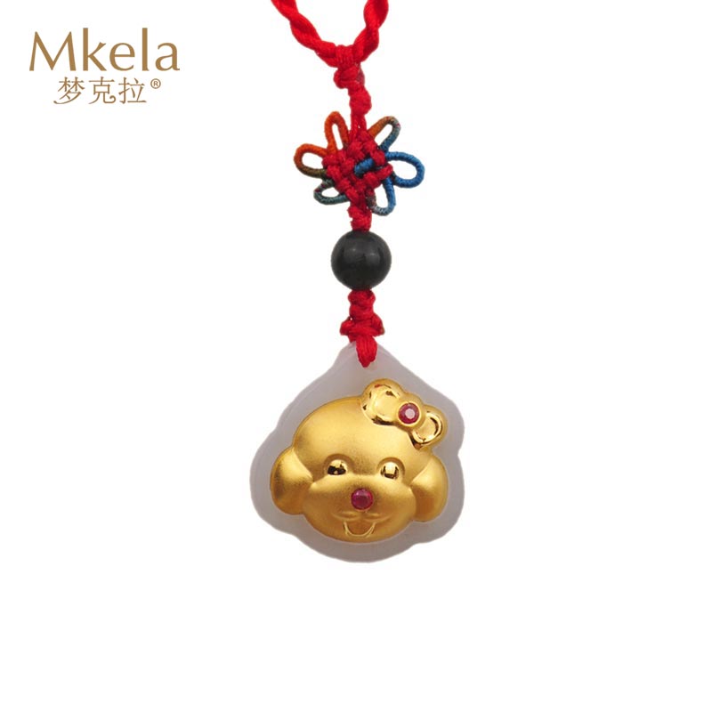梦克拉 Mkela 3D硬金足金和田玉吊坠金镶玉挂坠狗狗项坠生肖狗挂饰 蝴蝶结公主 白底种 其他国内证书 玉石吊坠高清大图