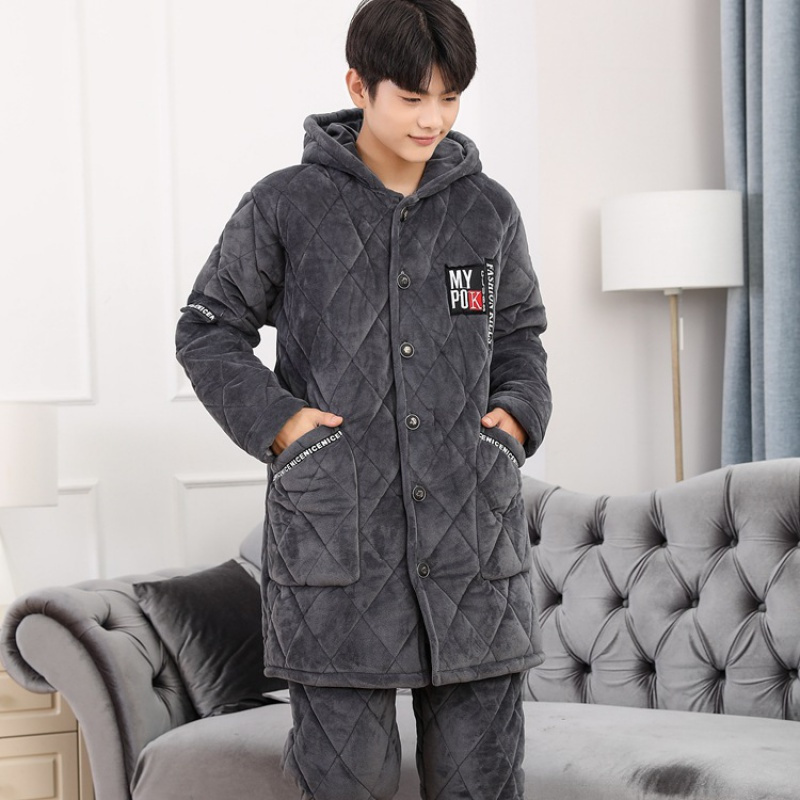 权小威男中长款连帽睡衣套装加厚加绒保暖三层夹棉袄大码家居服