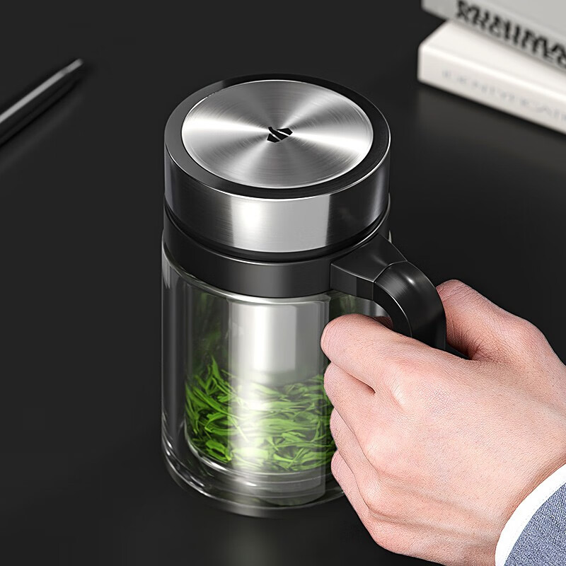 万象双层玻璃杯不锈钢盖男女士水杯大容量茶水分离办公室便携带把手防