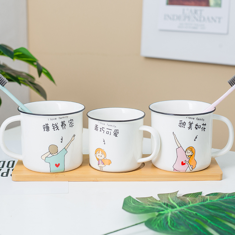 刷牙杯创意可爱洗漱杯套装一家三口情侣漱口杯一对卡通牙刷杯陶瓷 三维工匠 圆款爸爸+女儿+妈妈+竹托高清大图