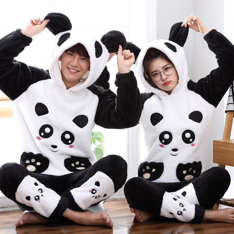 情侣睡衣女冬天珊瑚绒毛绒加厚加绒男青年个性熊猫动物卡通套装萌