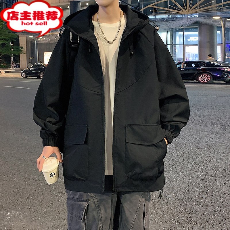 shanchao男连帽工装夹克美式潮牌男生情侣黑色宽松秋装上衣服