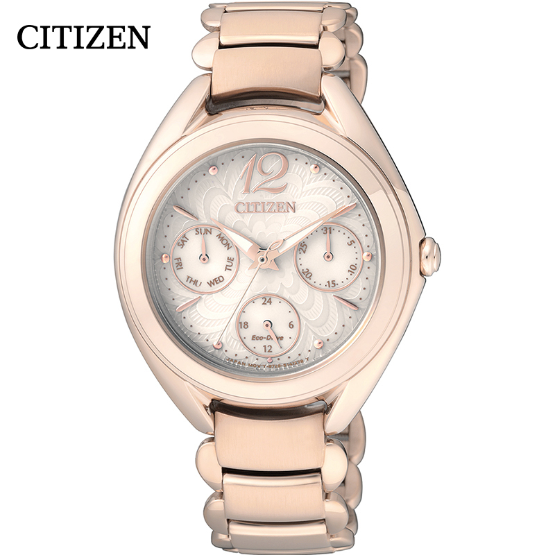 西铁城(CITIZEN)手表女士日韩品牌光动能不锈钢镀玫瑰金色表带表壳可爱时尚女表FD2023-56A