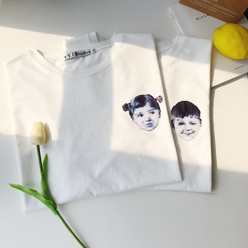 日系港风学生夏装新款白色印花半袖衣服宽松韩版情侣时尚短袖T恤