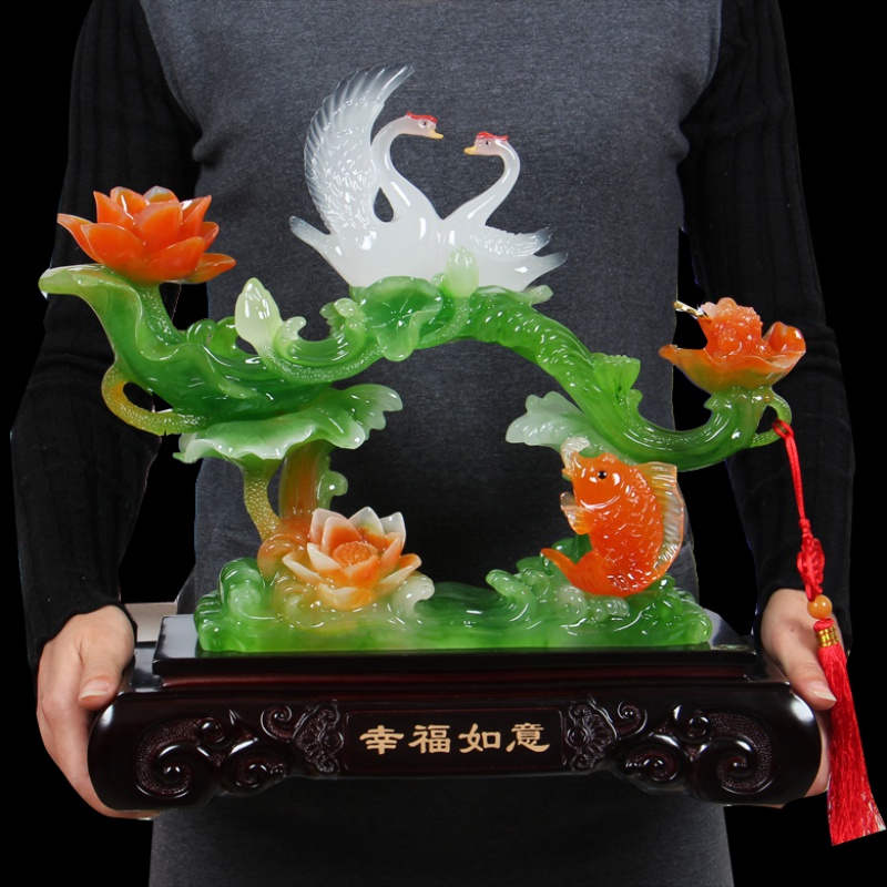美帮汇仿玉石如意天鹅牡丹摆件工艺品大号 现代客厅家居装饰品礼品高清大图