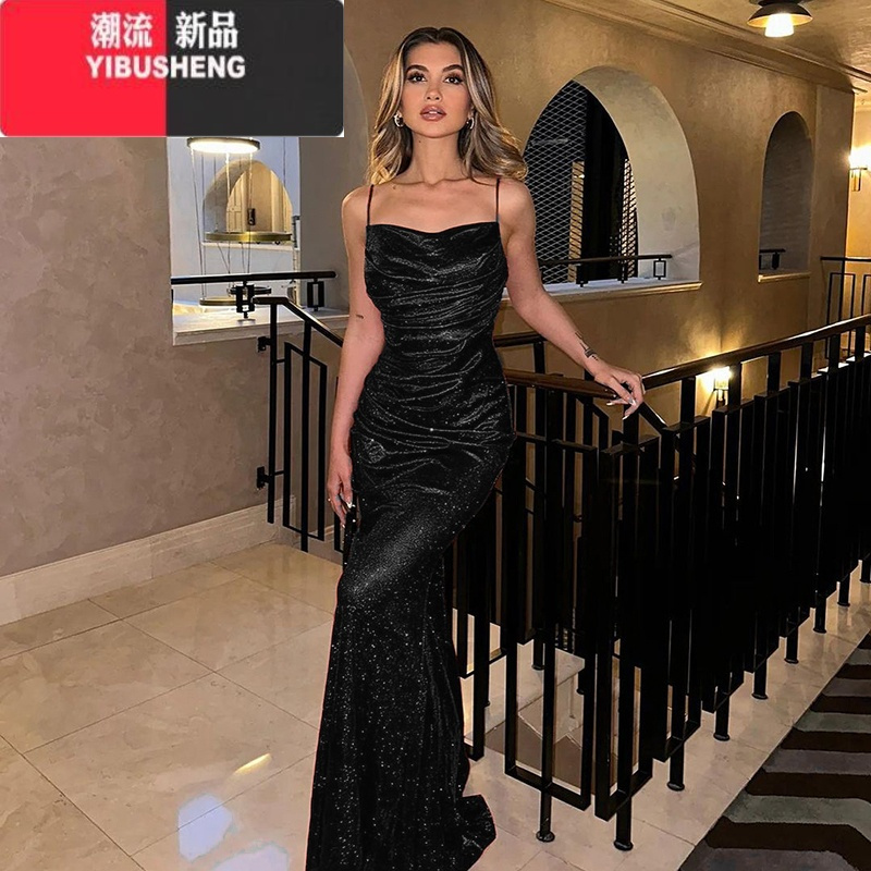 YIBUSHENG欧美裙子闪闪吊带连衣裙女高级感包臀裙生日晚宴礼服裙