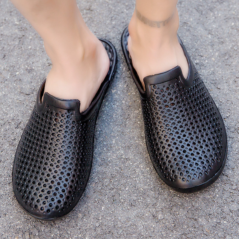 述雅男士凉鞋1 述雅凉拖鞋男2020新款夏洞洞鞋潮外穿凉鞋包头黑色拖鞋