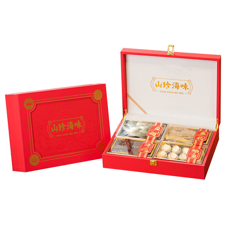 首鲜码头干海鲜礼盒海味过节送礼海参鲍鱼鱼胶干贝过节送礼礼品四季平安四拼红色礼盒海参鱼胶180g