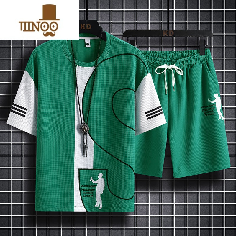 YANXU华夫格短裤男士夏季潮流薄款五分沙滩裤ins潮牌宽松休闲运动套装高清大图