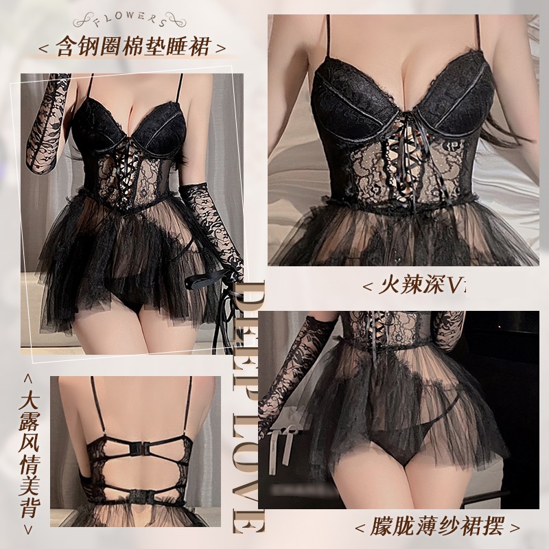 霏慕性感情趣内衣芭蕾丽人含钢圈聚拢棉垫睡裙吊带露背女式情趣睡衣床上衣服6304高清大图