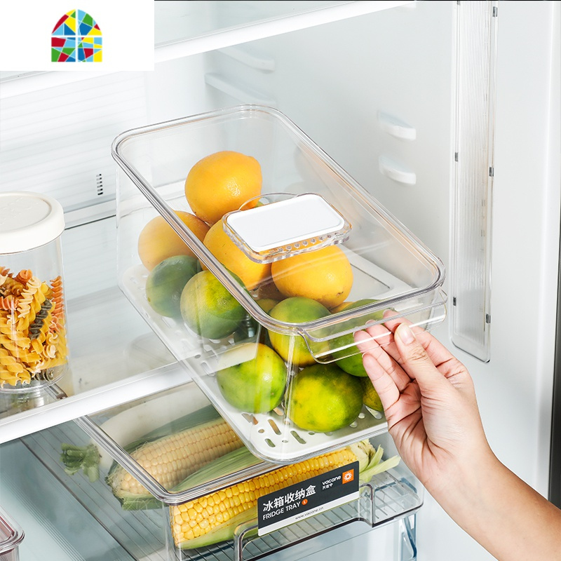 冰箱保鲜盒带盖食品收纳盒子沥水保鲜篮厨房食品冷冻箱储物盒fenghou