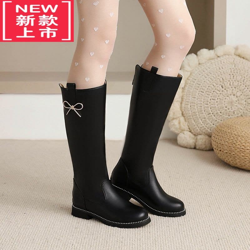 可莉允女童靴子2022春秋款高筒长靴走秀演出单靴儿童洋气冬加绒公主皮靴图片