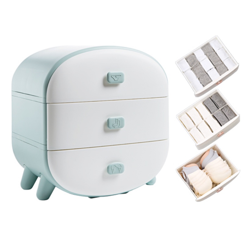 多层分隔抽屉式内衣收纳盒家用文胸袜子内裤塑料分格整理箱 三层蓝色5778