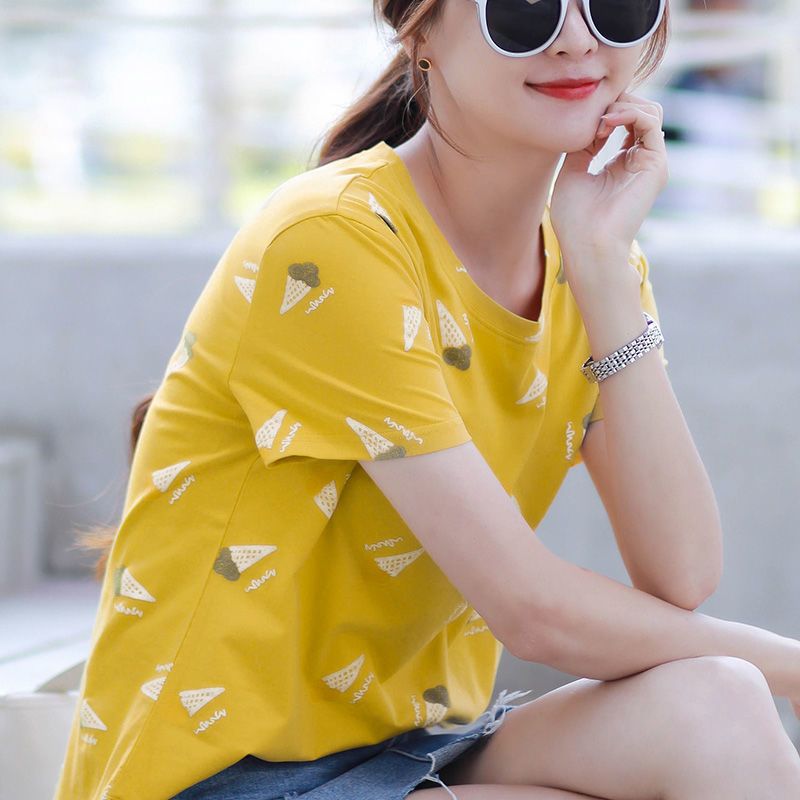 CACHE CACHE夏季新款康乃馨黄纯棉女士T恤冰淇淋印花可爱减龄短袖