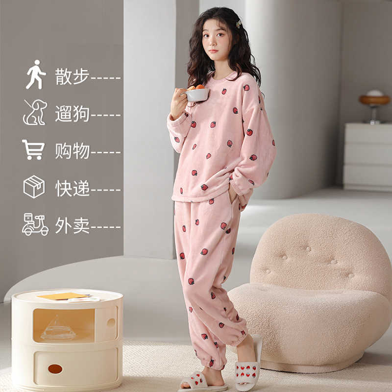 啄木鸟新款睡衣女士秋冬季冬款珊瑚绒保暖加厚法兰绒春秋薄款套秋高清大图