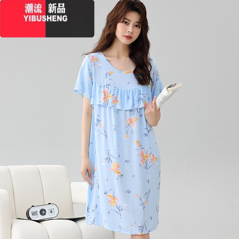 YIBUSHENG季防凸点印花睡裙女凉感家居服短袖棉绸大码人造棉宽松舒适中裙高清大图