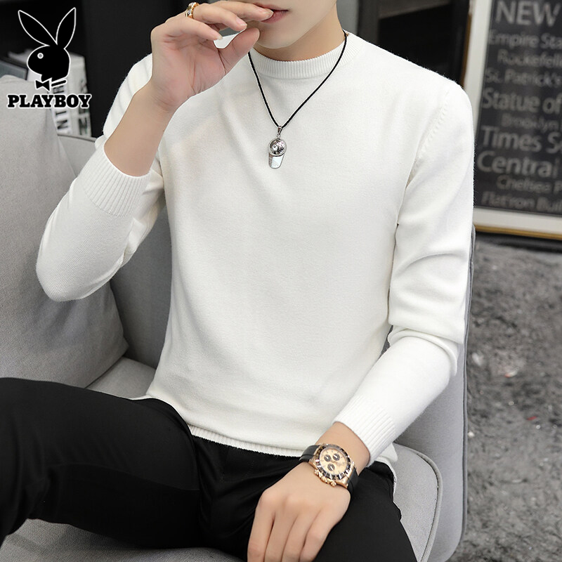 花花公子圆领毛衣男士秋季新款潮流打底针织衫潮流黑色宽松线衣毛高清大图