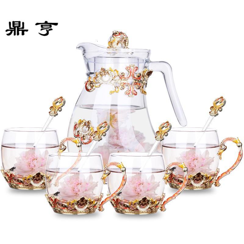 鼎亨LUXURY欧式珐琅彩水杯水壶套装家用个性花茶杯果汁杯耐热玻璃
