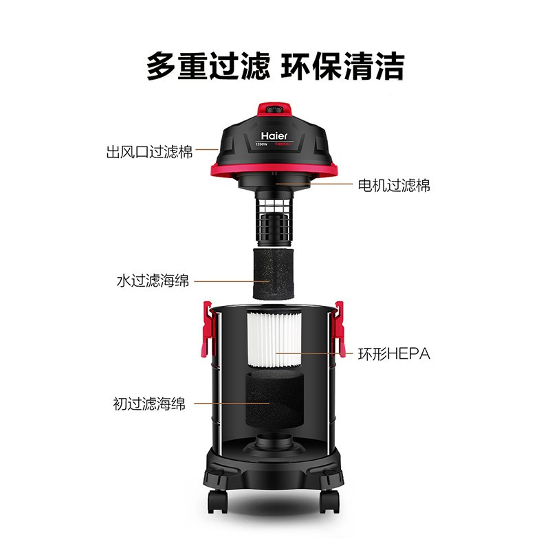 海尔大吸力家用吸尘器 HC-T2103R 15升大容量强力除螨干湿两用智能微电脑控制设计
