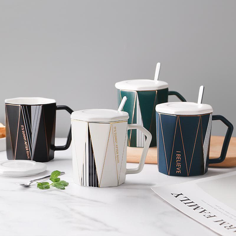 家柏饰(CORATED)创意马克杯北欧个性潮流陶瓷杯子办公室带盖勺家用早餐喝水杯 北欧白-300ml图片