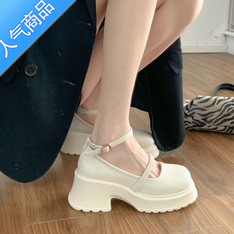 SUNTEK白色玛丽珍高跟鞋女夏季一字带粗跟厚底圆头小皮鞋小个子包头凉鞋高清大图