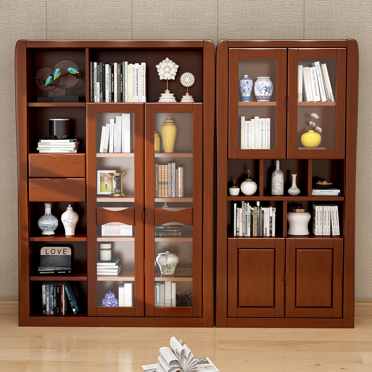 采百木实木书柜现代中式组合书橱两门三门置物书架办公室多层储物柜