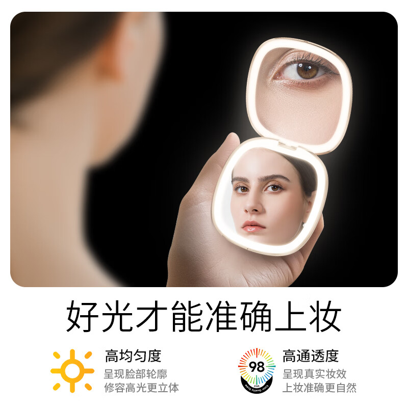 霍尼韦尔(Honeywell)随身小镜子带灯手持补光便携折叠led化妆镜补妆镜女朋友老婆送礼若华金系列HWV-02J06高清大图