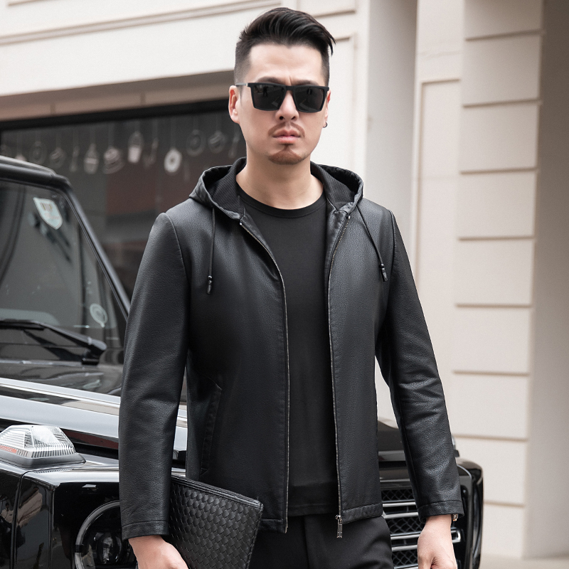 2024年春秋新款海宁山羊皮衣男真皮连帽韩版帅气机车皮夹克男士潮流