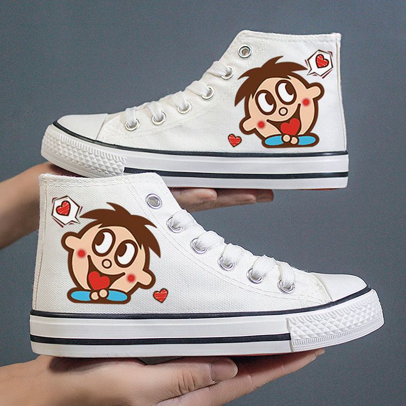 儿童帆布鞋手绘涂鸦鞋女童男童板鞋潮小白鞋学生白球鞋中大童鞋子高紫