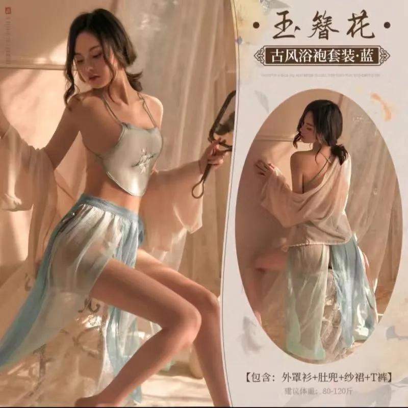新款古装大码汉服诱惑套装睡衣女性感古代肚兜制服雪纺纱透明睡裙莎丞